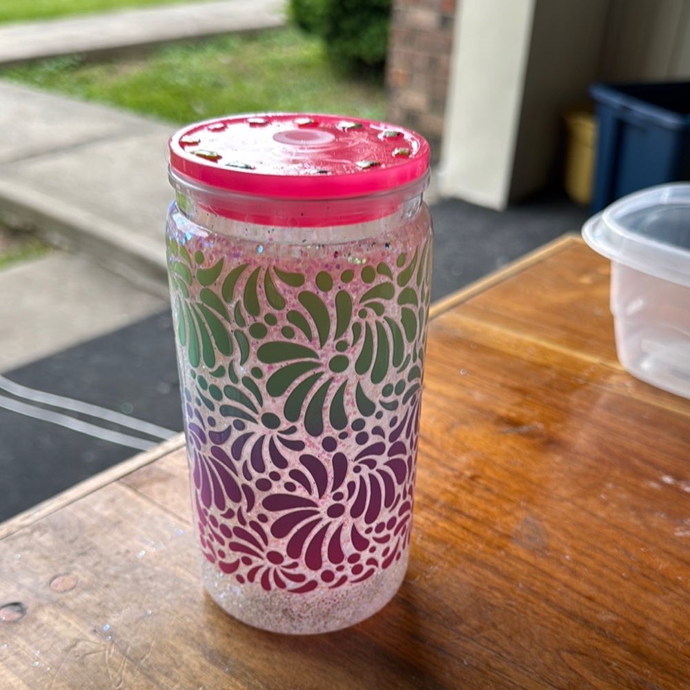 Floral Multicolor Jar with Pink Lid